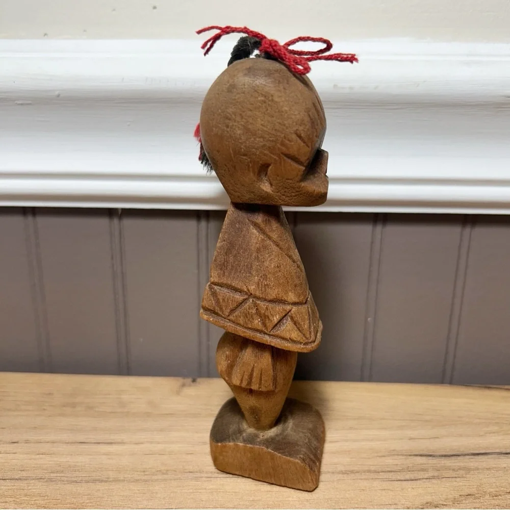 Handcrafted Wooden Folk Art Female Figurine with a Braid African Origin VTG